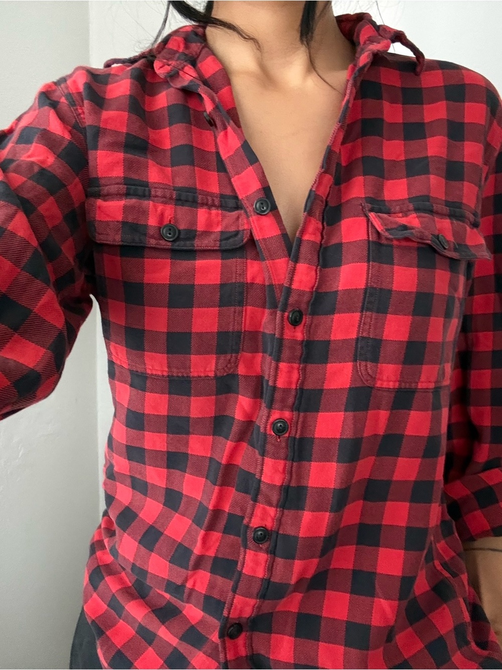 Red Black Plaid Button-Front Shirt